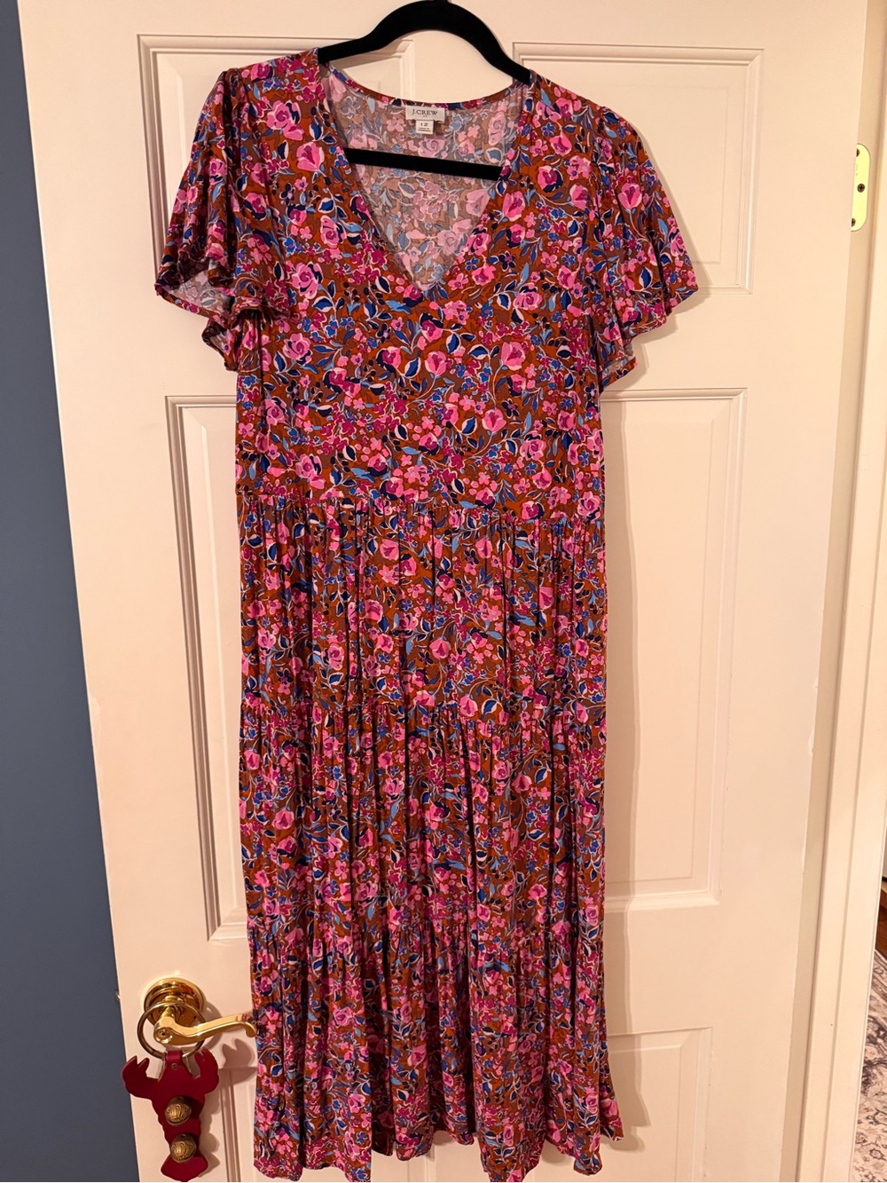 J. Crew Pink Floral V-Neck Maxi Dress on Brown Base